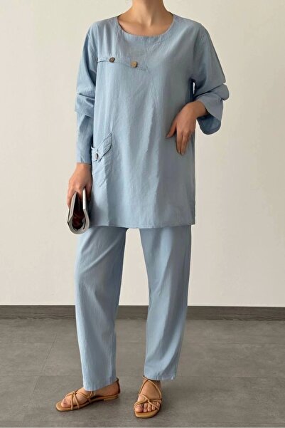 Butik Set de butoni din bumbac cu buzunare cu maneca lunga-Albastru