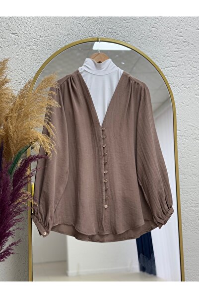 Ebrar Store Μπλούζα με κουμπιά Nuran Brit-BN4232 Γαλακτόκαφενιο