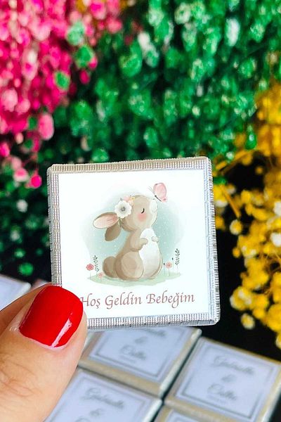 fırsatlar diyarı Rabbit Themed Birthday Madlen Sticker - Glossy Coated Square Cut - 3.5 cm - 100 Pieces
