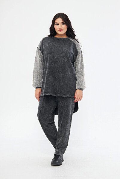 Butik Payetli Uzun Kol Pamuklu Takım-siyah
