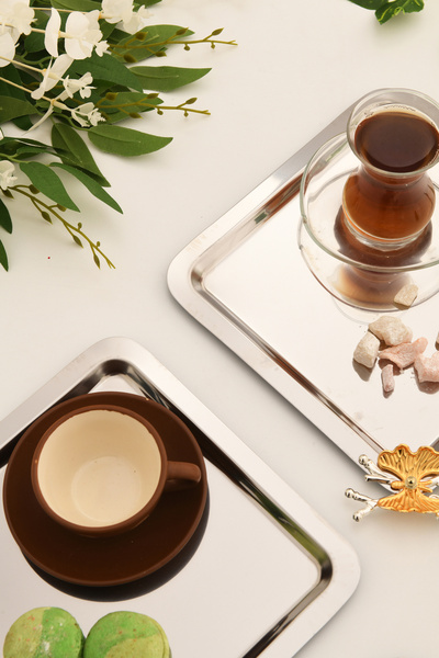 AKSESUAR EVRENİ Nesto Stainless Square Butterfly Detailed Presentation Tray Silver Set of 3