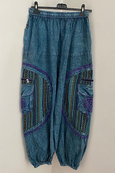 AYASOFYA OTANTIK Unisex Nepalese Turquoise Ethnic Patterned Loose Bohemian Baggy Trousers with Elastic Waist and Legs and Pocket Detail
