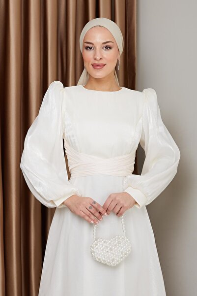 Olcay Çapraz Kuşaklı Yoryo İpek Tesettür Abiye Elbise EKRU 1238