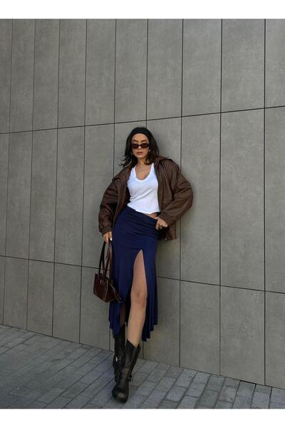 minaaise Fusta de damă, albastru bleumarin, cu fantă adâncă, din bumbac pieptănat, cu talie adunată 29114