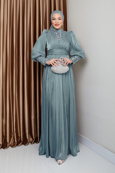 Olcay Yorgo Seiden-Hijab-Abendkleid mit Ärmeln und Steinsteinfront AQUA GREEN 1239