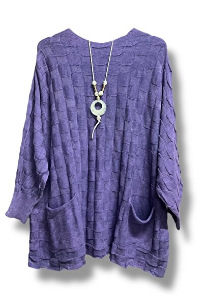 Butik İki cepli yıkamalı kare desen pamuk triko-Mor