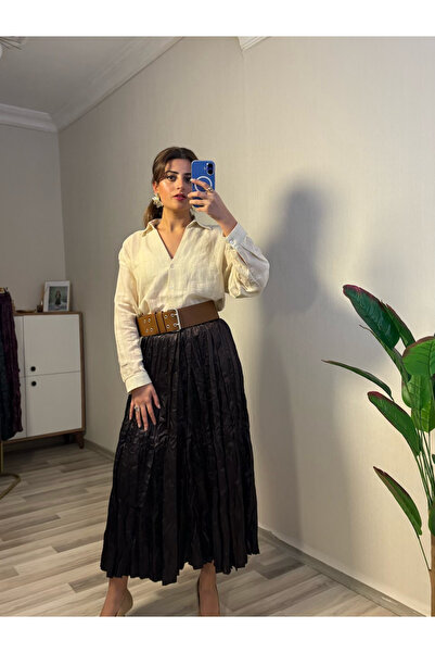 Misun butik PİLELİ KIRIŞIK SATEN UZUN ETEK