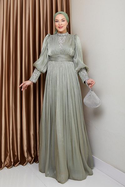 Olcay Yorgo Seiden-Hijab-Abendkleid mit Ärmeln und Steinstickerei auf der Vorderseite HELLGRÜN 1239