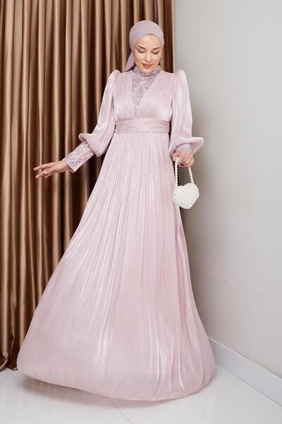 Olcay Βραδινό φόρεμα Yorgo Silk Hijab με μανίκια και πέτρινο μπροστινό μέρος PUDRA 1239