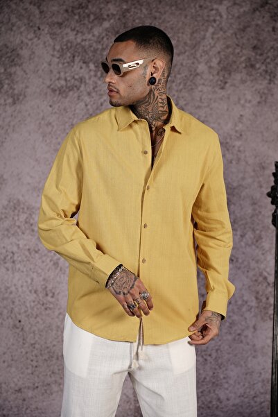 Butik TREND BIZ Ανδρικό πουκάμισο 100% βαμβακερό λινό Lycra Regular Fit