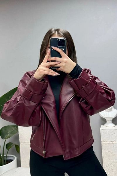 moda armanc Faux Leather Balloon Sleeve Claret Red Biker Jacket