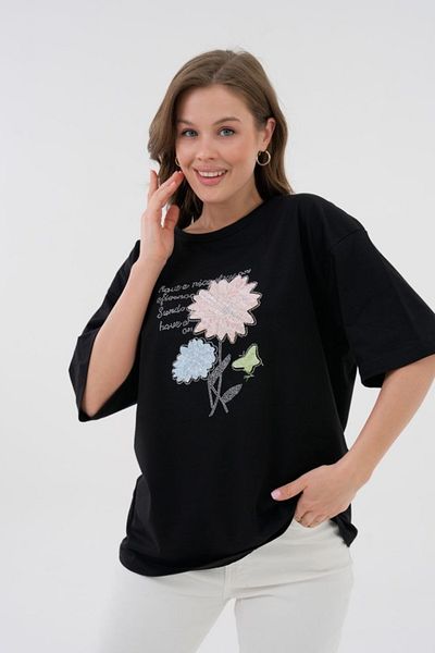 Oasis тениска с флорална апликация и щампа от камъни, plus size/oversize