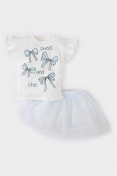 DeFacto Printed Short Sleeve T-Shirt Tutu Skirt Ecru Baby Girl Top-Top Set E8463A5/Er105
