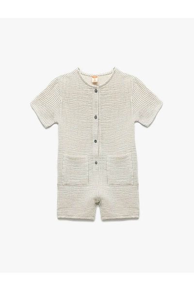 Koton Short Sleeve Button Detailed Ecru Baby Boy Jumpsuit 5Smb10007Tw