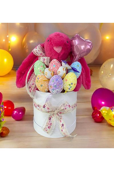 Sole Easter Themed Premium 45 cm Fuchsia Bunny Gift Box - Decorative Egg and Heart Balloons
