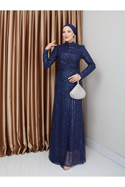 Olcay Večerní šaty z hidžábu s flitry – detail s vlněním, tmavě modrá 1677