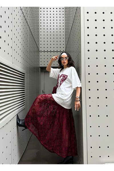 minaaise Women's Burgundy Unlined Lace Skirt and Lace Embroidered Oversize T-Shirt Bottom/Top Set 29168