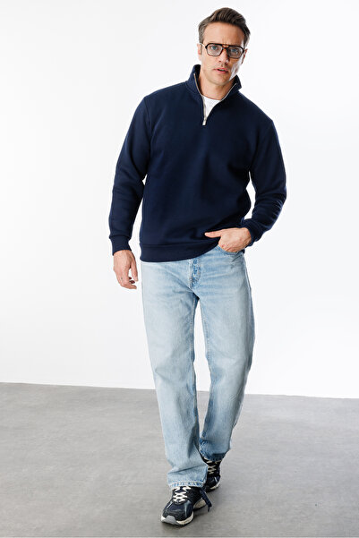 GENIUS STORE Unisex Sweatshirt Rahat Kesim Pamuklu Içi Polarlı Yarım Fermuarlı Dik Yaka Sweatshirt