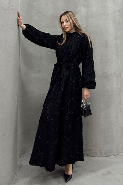 Olcay Schwarzes Hijab-Abendkleid mit Quasten und Glitzerdetails 1526