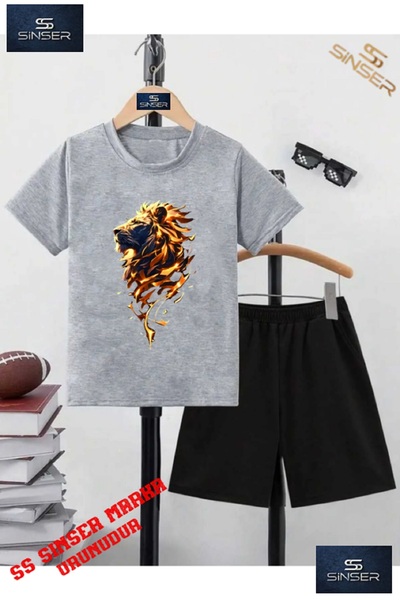 SS SİNSER Kids Lion Flame Custom Printed Crew Neck T-Shirt - Shorts Set