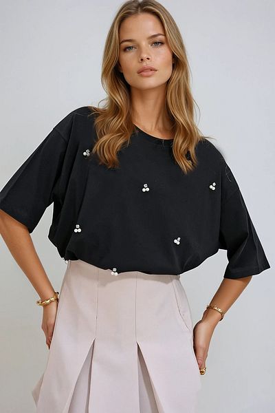 VAGGON Tricou negru pentru femei, cu decolteu rotund, brodat cu perle și piatră, Prmx11964