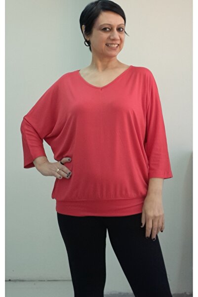 Mertcan Butik Red V-Neck Bat Three Quarter Sleeve Combed Viscose T-Shirt