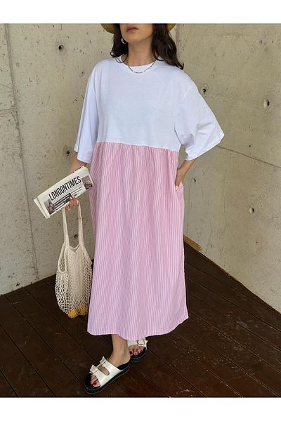 minaaise Rochie lungă supradimensionată din țesătură țesătă cu șase dungi din bumbac pieptănat roz 29169