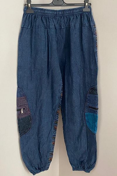 AYASOFYA OTANTIK Unisex Nepal Blue Ethnic Casual Bohemian φαρδύ παντελόνι με ελαστική μέση και πόδια με λεπτομέρεια τσέπης με φερμουάρ