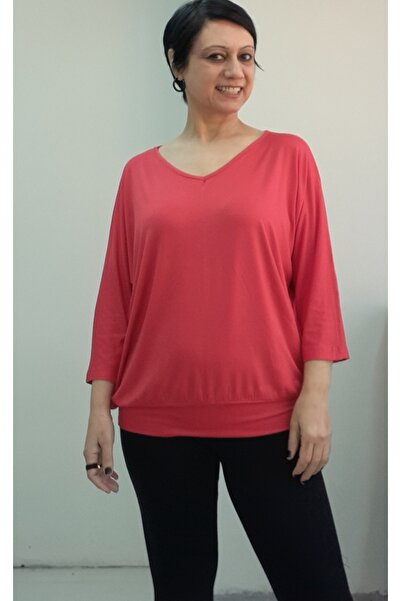 Mertcan Butik Red V-Neck Bat Three Quarter Sleeve Combed Viscose T-Shirt