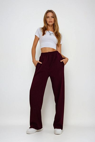 VAGGON Pantaloni de damă bordeaux cu buzunare duble, cu dungi laterale elastice, cu picioare largi Prmx12713