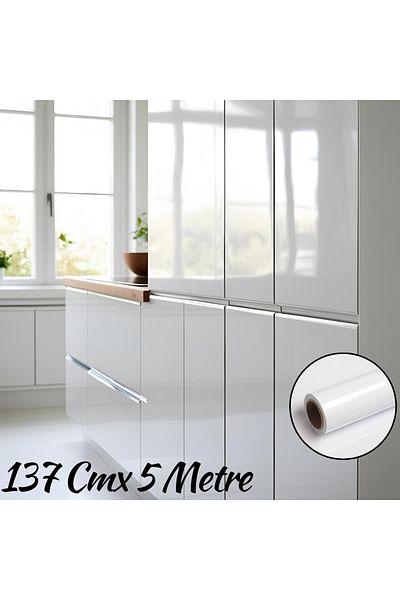 GRAFİTACK Glossy White Furniture and Cabinet Covering Foil 137 cm X 5 Meters (Lacquer, Back Gray)