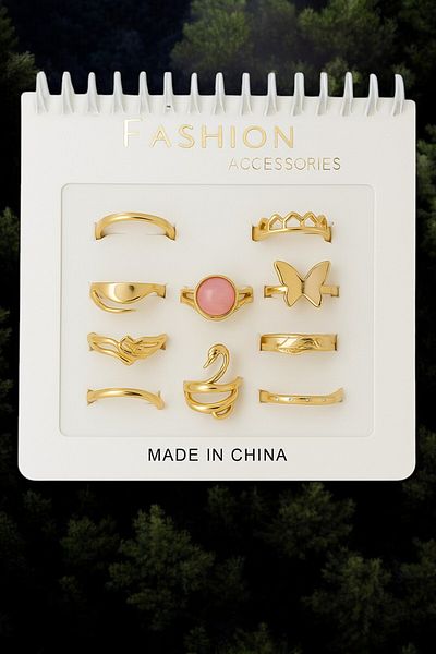 MakeWell 6Pcs 8Pcs 10Pcs Ring Sets Butterfly Pink Stone Plain Gold Color Rings