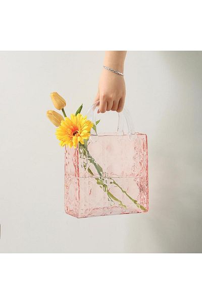 Nettenevime Bag Vase Cornered Model Glass Flower Vase Decorative Pink Vase Large Size Glass Bag Vase