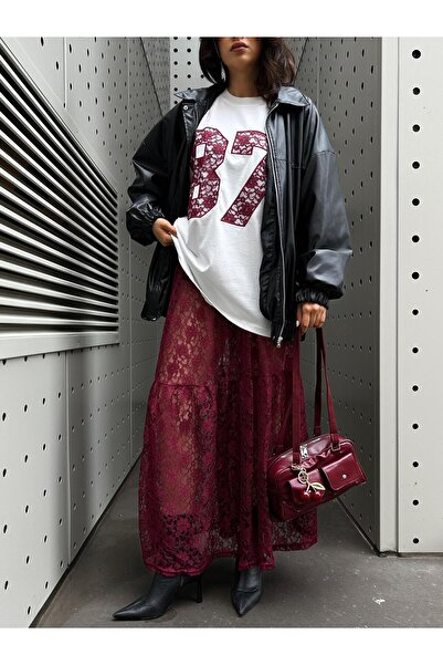 minaaise Women's Burgundy Unlined Lace Skirt and Lace Embroidered Oversize T-Shirt Bottom/Top Set 29168