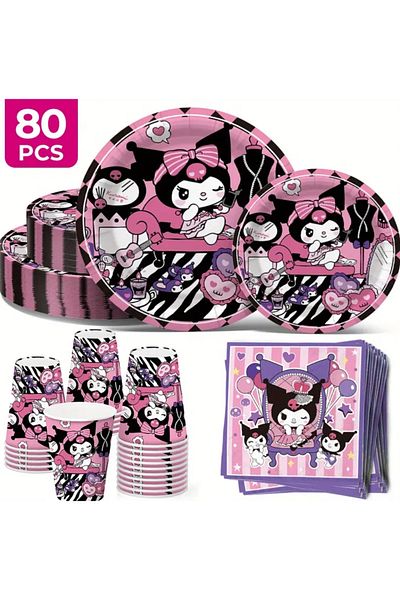 So Iconic 20 Person 80 Piece Kuromi Character Party Set Paper Plate, Cup, Napkin