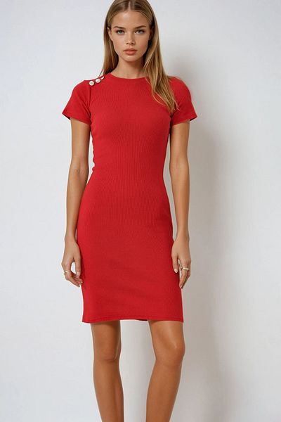 VAGGON Women's Red Crew Neck Button Detailed Camisole Dress Prmx11832
