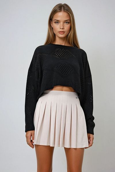 VAGGON Pulover negru pentru femei, cu decolteu rotund, cu model diamantat, ajurat, Prmx12974