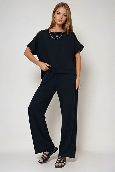 VAGGON Women's Black Boat Neck Half Sleeve Slit Detailed Blouse and Pocket Trousers Set Prmx13572