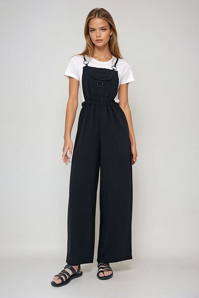 VAGGON Women's Black Aerobin Salopet Trousers with Bib Pocket and Strap Ring Detail