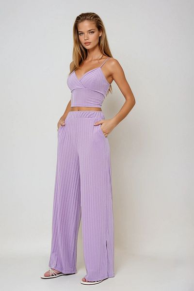 VAGGON Women's Lilac Adjustable Rope Strap Double Breasted Bustier and Slit Palazzo Pants Set Prmx13577