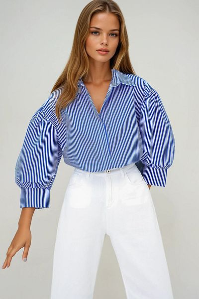 VAGGON Women's Navy Blue Striped Balloon Sleeve Hidden Placket Basic Poplin Shirt Prmx9654