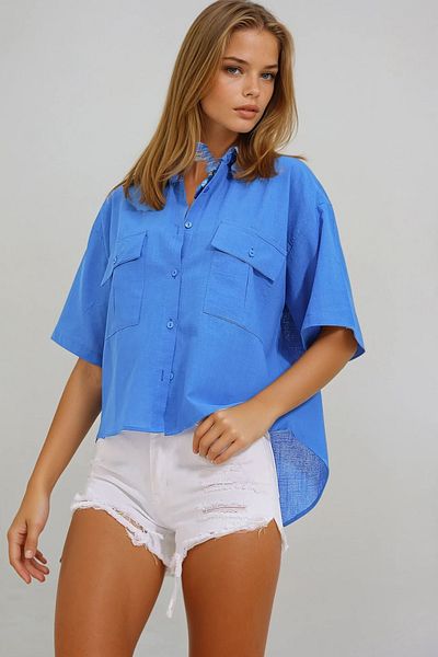VAGGON Women's Saks Double Pocket Half Sleeve Linen Shirt Prmx9991