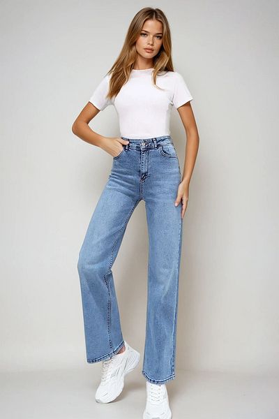 VAGGON Pantaloni de damă albaștri cu talie înaltă, lavabili, cu picioare largi, Prmx13501