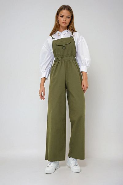 VAGGON Women's Khaki Front Pocket Strap Ring Detailed Aerobin Salopet Trousers Prmx13581