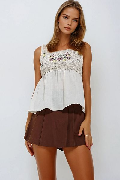 VAGGON Beige Crochet Embroidered Woven Strap Blouse with Gimped Back Prmx11653