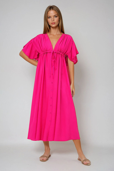 VAGGON Guluk Fuchsia γιακάς χωρίς πλάτη με κορδόνια με λεπτομέρεια με κουμπιά μπροστά καλοκαιρινό φόρεμα ποπλίνα