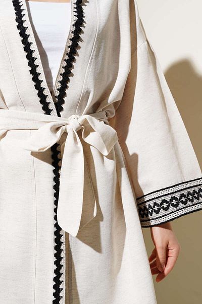 Lavanta Tekstil Belted Linen Kimono with Embroidery Detail