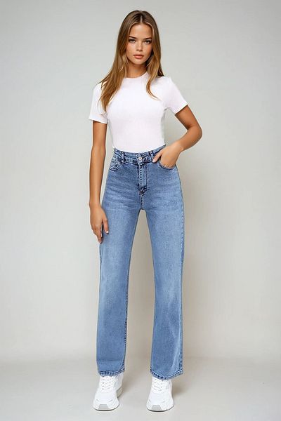 VAGGON Pantaloni de damă albaștri cu talie înaltă, lavabili, cu picioare largi, Prmx13501