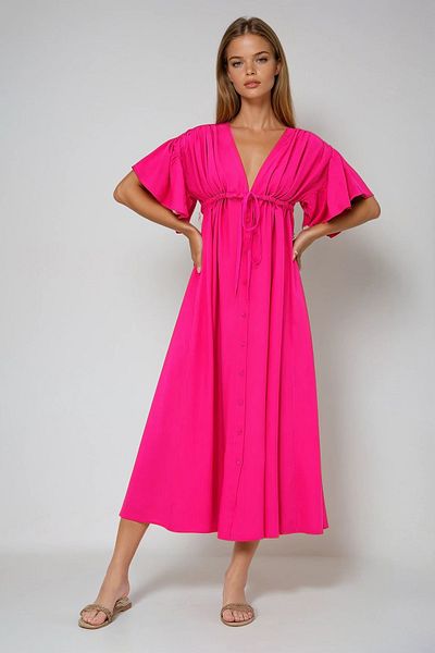 VAGGON Guluk Fuchsia γιακάς χωρίς πλάτη με κορδόνια με λεπτομέρεια με κουμπιά μπροστά καλοκαιρινό φόρεμα ποπλίνα