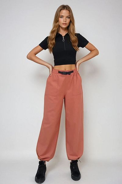 VAGGON Women's Tile Double Pocket Elastic Leg Belt Detailed Summer Jogger Pants Prmx13627